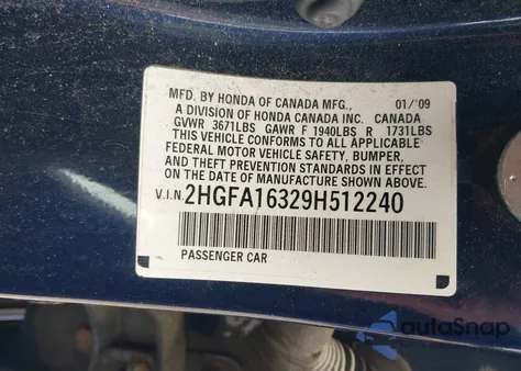 2009 Honda Civic Vp из США, поврежденный, VIN 2HGFA16329H512240